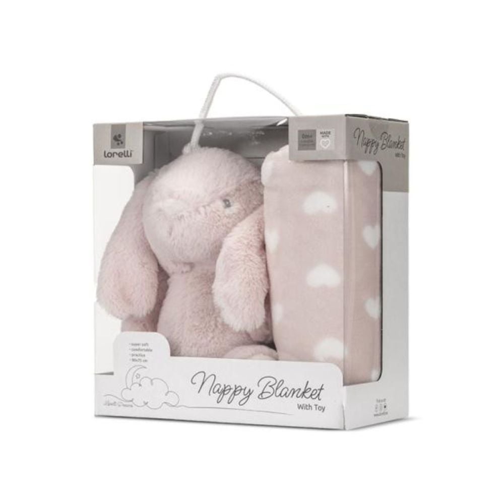Paturica moale cu jucarie din plus, Lorelli Nappy, 90 x 75 cm, Iepuras, Pink