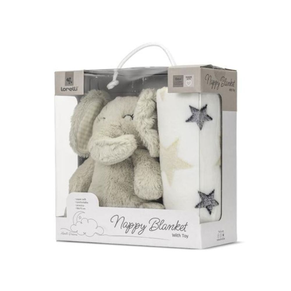 Paturica moale cu jucarie din plus, Lorelli Nappy, 90 x 75 cm, Elefant, Beige