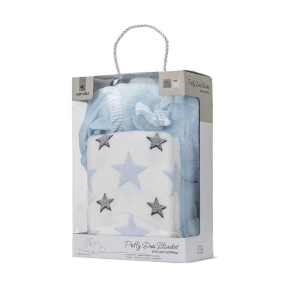 Set 2 piese, Lorelli, paturica moale 90 x 75 cm, pernuta in forma de ursulet 45 x 30 cm, Poffy, Blue