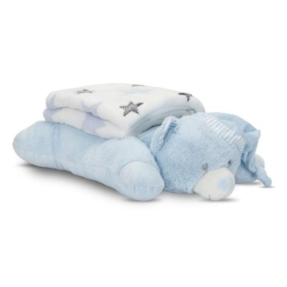 Set 2 piese, Lorelli, paturica moale 90 x 75 cm, pernuta in forma de ursulet 45 x 30 cm, Poffy, Blue