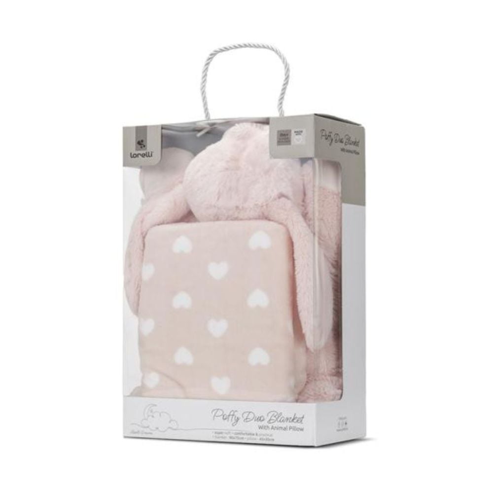 Set 2 piese, Lorelli, paturica moale 90 x 75 cm, pernuta in forma de iepuras 45 x 30 cm, Poffy, Pink