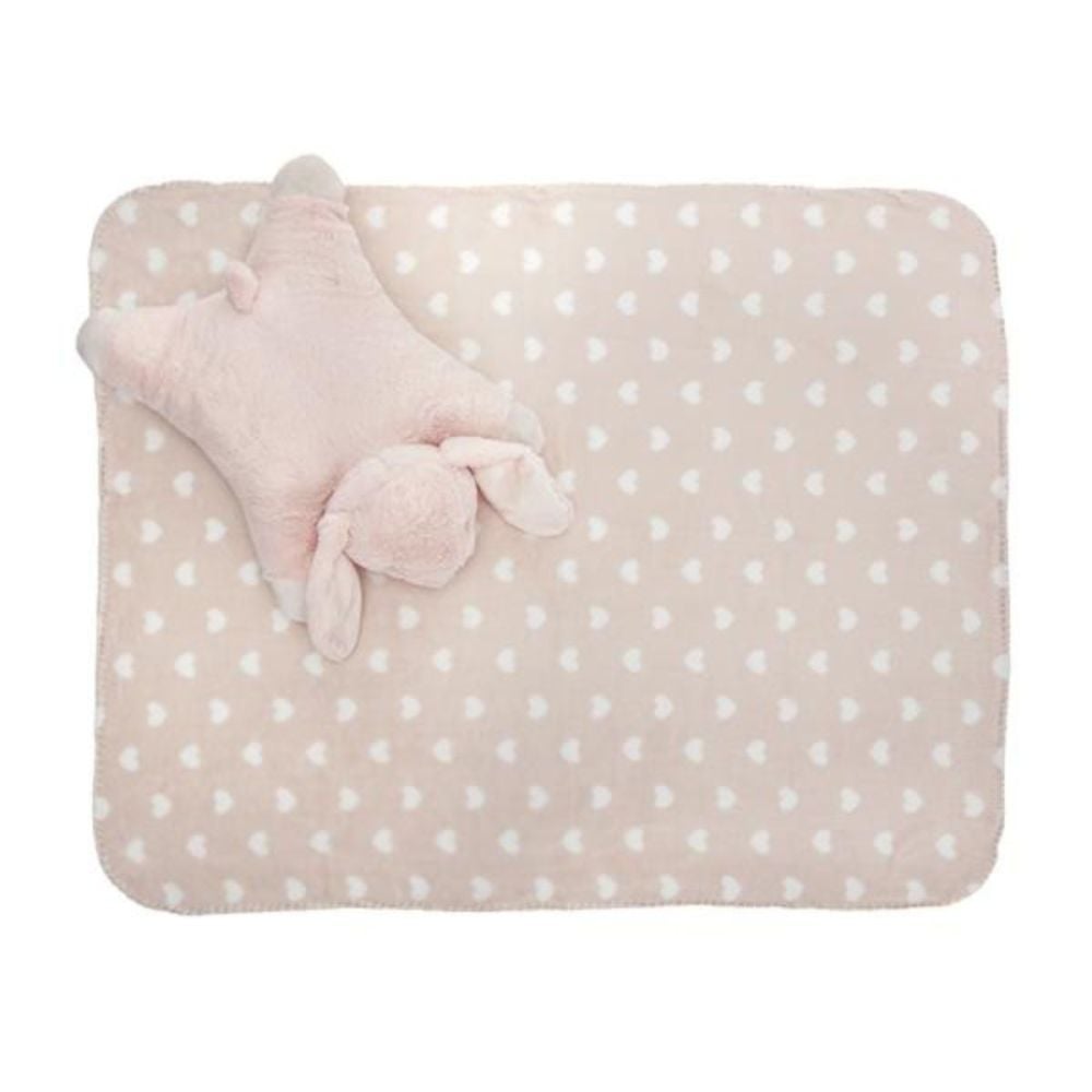 Set 2 piese, Lorelli, paturica moale 90 x 75 cm, pernuta in forma de iepuras 45 x 30 cm, Poffy, Pink