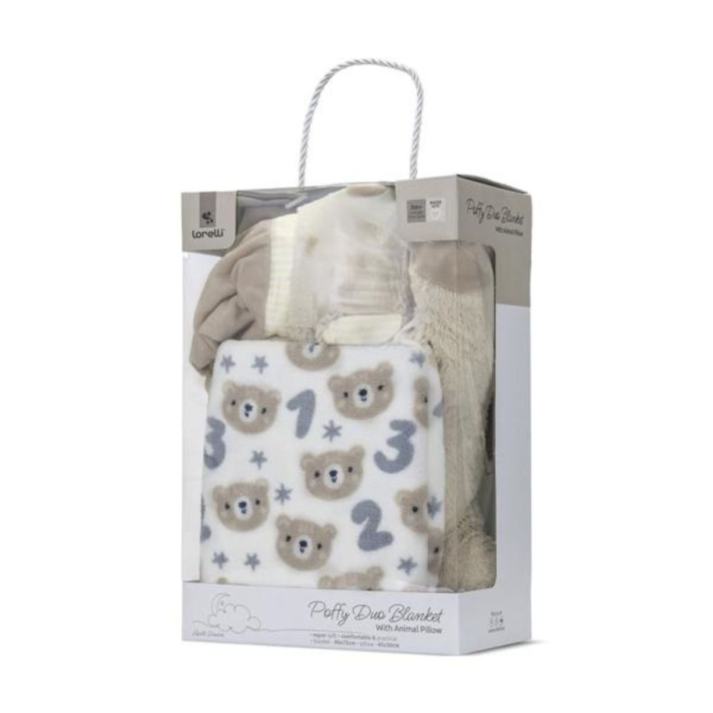 Set 2 piese, Lorelli, paturica moale 90 x 75 cm, pernuta in forma de ursulet 45 x 30 cm, Poffy, Beige