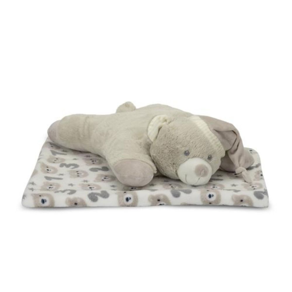 Set 2 piese, Lorelli, paturica moale 90 x 75 cm, pernuta in forma de ursulet 45 x 30 cm, Poffy, Beige