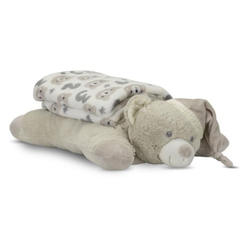 Set 2 piese, Lorelli, paturica moale 90 x 75 cm, pernuta in forma de ursulet 45 x 30 cm, Poffy, Beige
