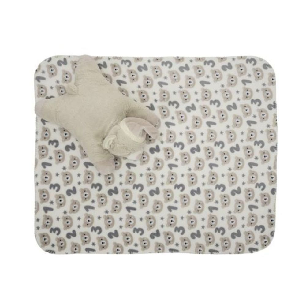 Set 2 piese, Lorelli, paturica moale 90 x 75 cm, pernuta in forma de ursulet 45 x 30 cm, Poffy, Beige