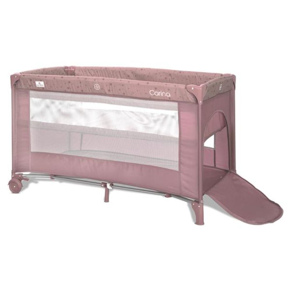 Patut pliabil, Lorelli Carina, 2 nivele, deschidere laterala cu fermoar, prevazut cu roti cu frana, Pink Stars