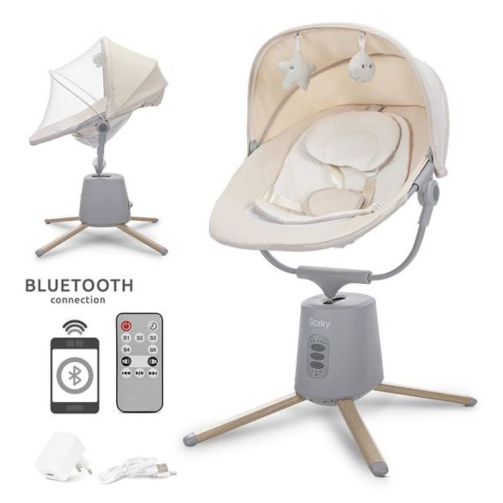 Leagan electric pentru bebelusi, Lorelli Storky, bluetooth, telecomanda, 5 viteze de leganare, Beige