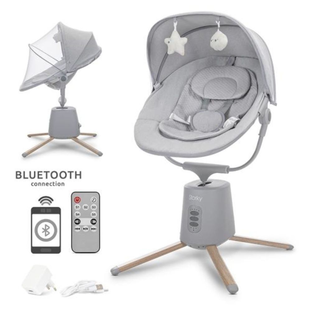 Leagan electric pentru bebelusi, Lorelli Storky, bluetooth, telecomanda, 5 viteze de leganare, Grey