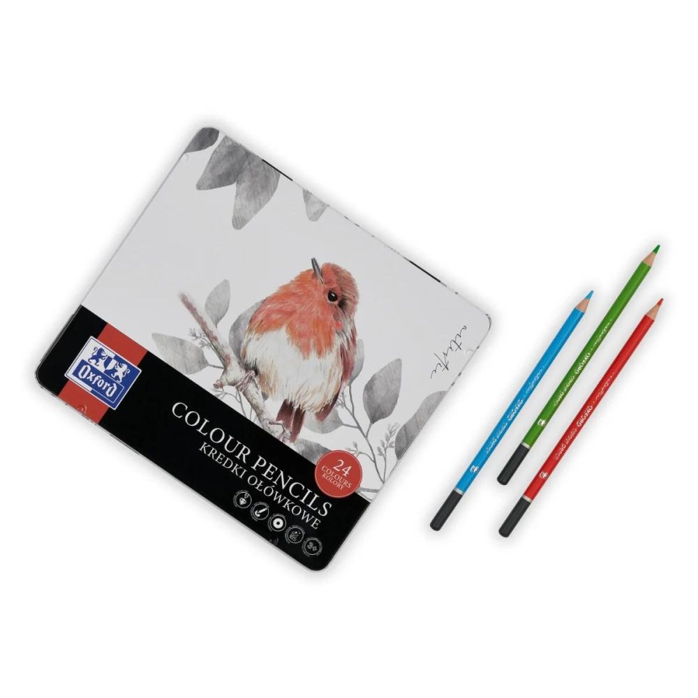 Set 24 creioane colorate in cutie de metal, Oxford Artistic