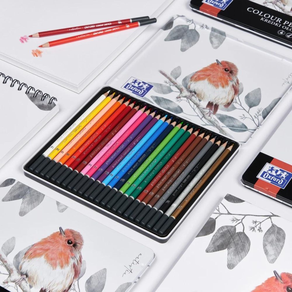 Set 24 creioane colorate in cutie de metal, Oxford Artistic
