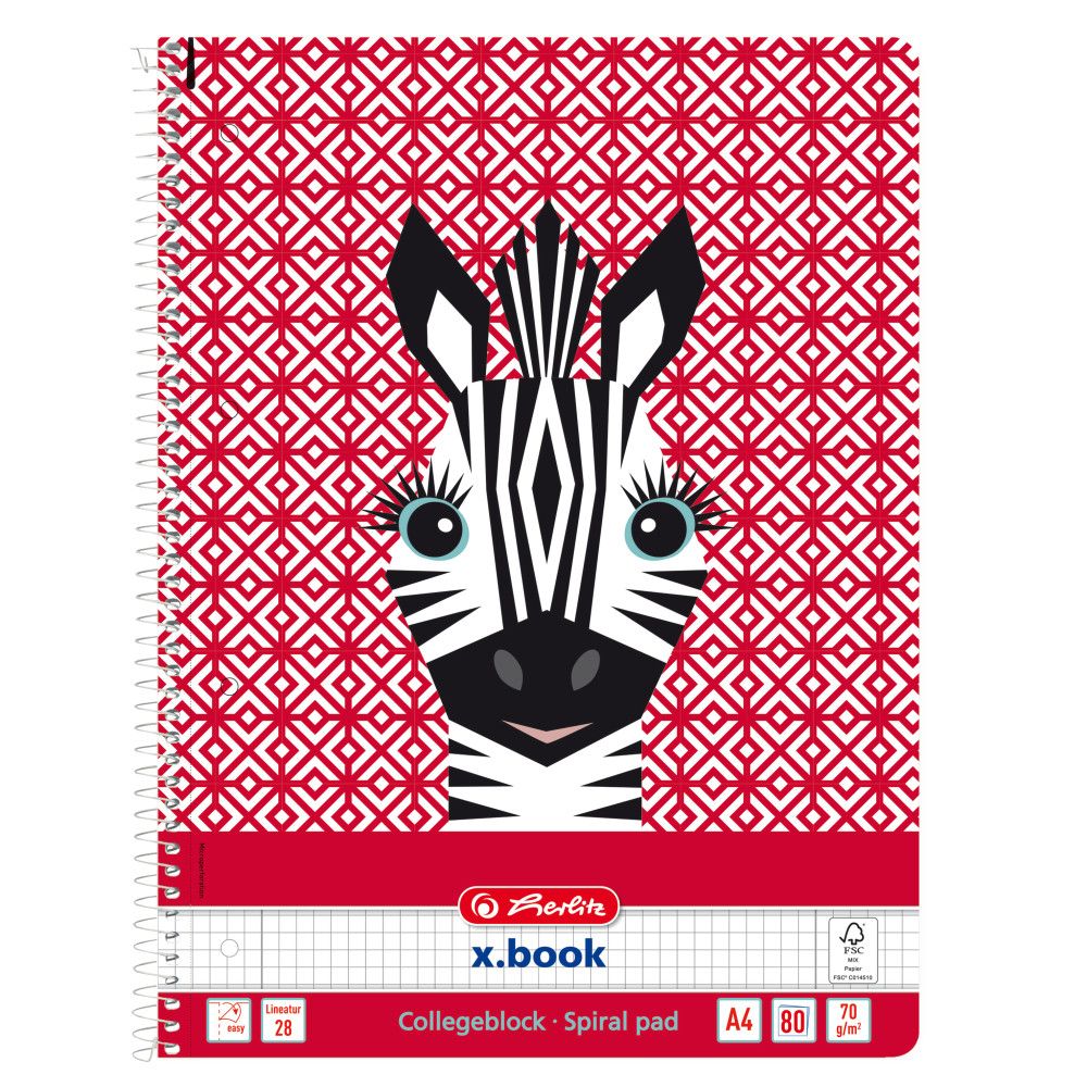Caiet matematica cu spirala, A4, Herlitz, Cute Animals, Zebra, 80 file
