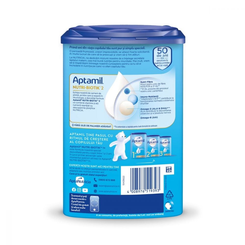 Lapte praf Aptamil Nutri-Biotik 2, 800 g, 6-12 luni