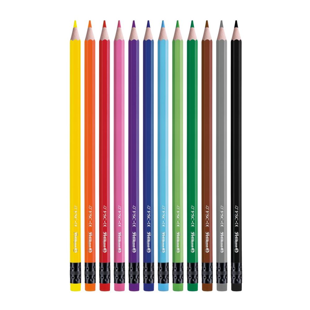 Set 12 creioane colorate hexagonale cu radiera, Pelikan