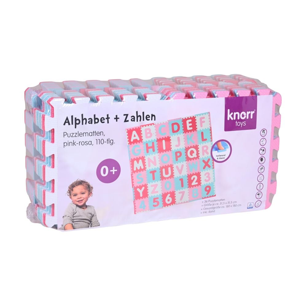 Covoras puzzle colorat, 110 piese, Knorr Toys, din spuma moale EVA, 180 x 180 cm, Cifre si litere