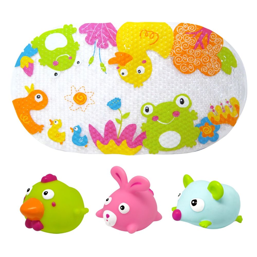 Set covoras de baie si 3 jucarii animalute, Knorr Toys, 69 x 39 cm