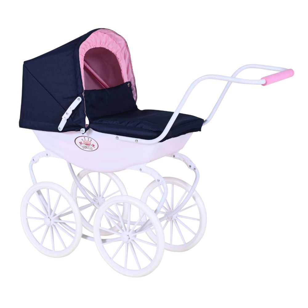 Carucior retro pentru papusi, Knorr Toys Classic, copertina reglabila, 80 x 31 x 71 cm, Navy Blue Rose Princess