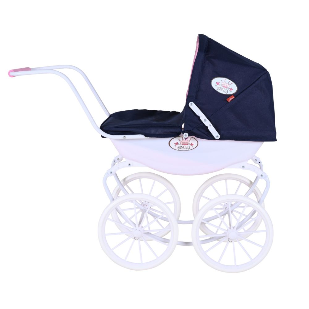 Carucior retro pentru papusi, Knorr Toys Classic, copertina reglabila, 80 x 31 x 71 cm, Navy Blue Rose Princess