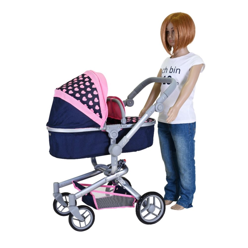 Carucior landou pentru papusi, Knorr Toys Boonk, reglabil si transformabil, 59 x 42 x 80 cm, Pink Hearts