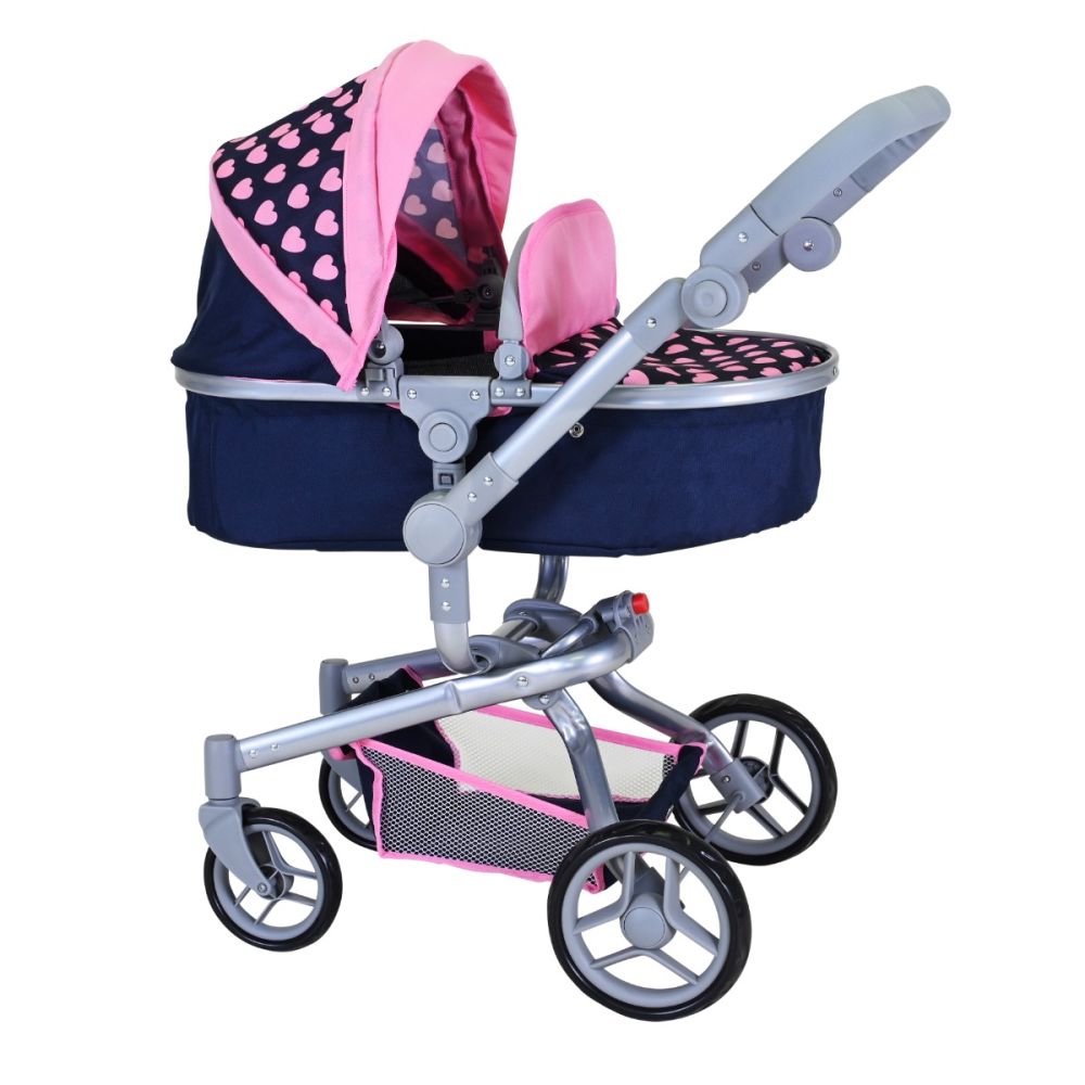 Carucior landou pentru papusi, Knorr Toys Boonk, reglabil si transformabil, 59 x 42 x 80 cm, Pink Hearts