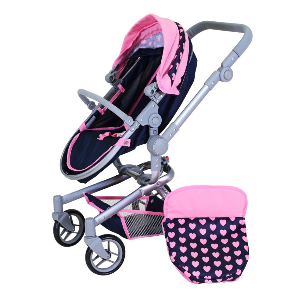 Carucior landou pentru papusi, Knorr Toys Boonk, reglabil si transformabil, 59 x 42 x 80 cm, Pink Hearts