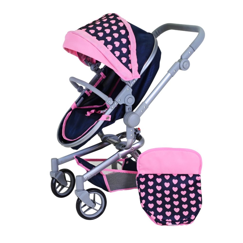 Carucior landou pentru papusi, Knorr Toys Boonk, reglabil si transformabil, 59 x 42 x 80 cm, Pink Hearts
