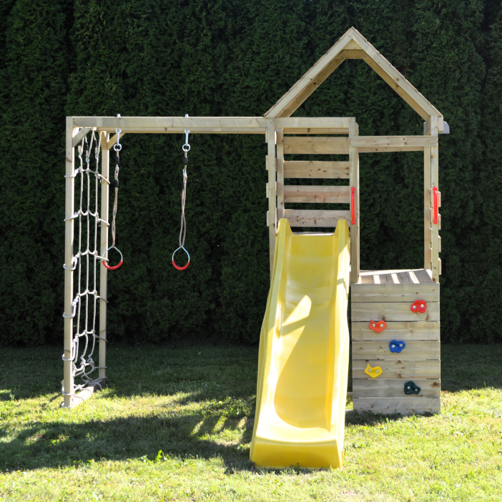 Turn de joaca cu 2 platforme, Wendi Toys, panou de catarare, tobogan si modul de gimnastica