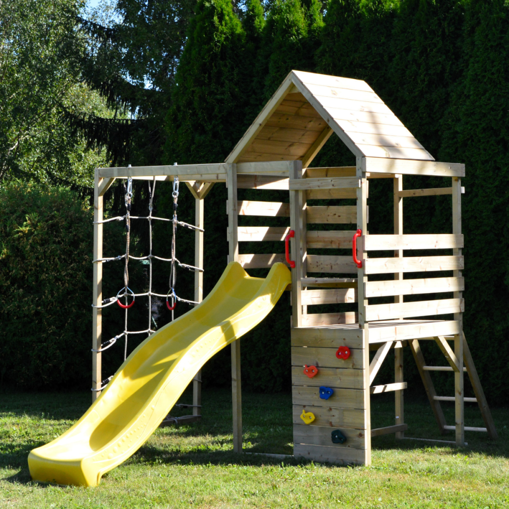 Turn de joaca cu 2 platforme, Wendi Toys, panou de catarare, tobogan si modul de gimnastica