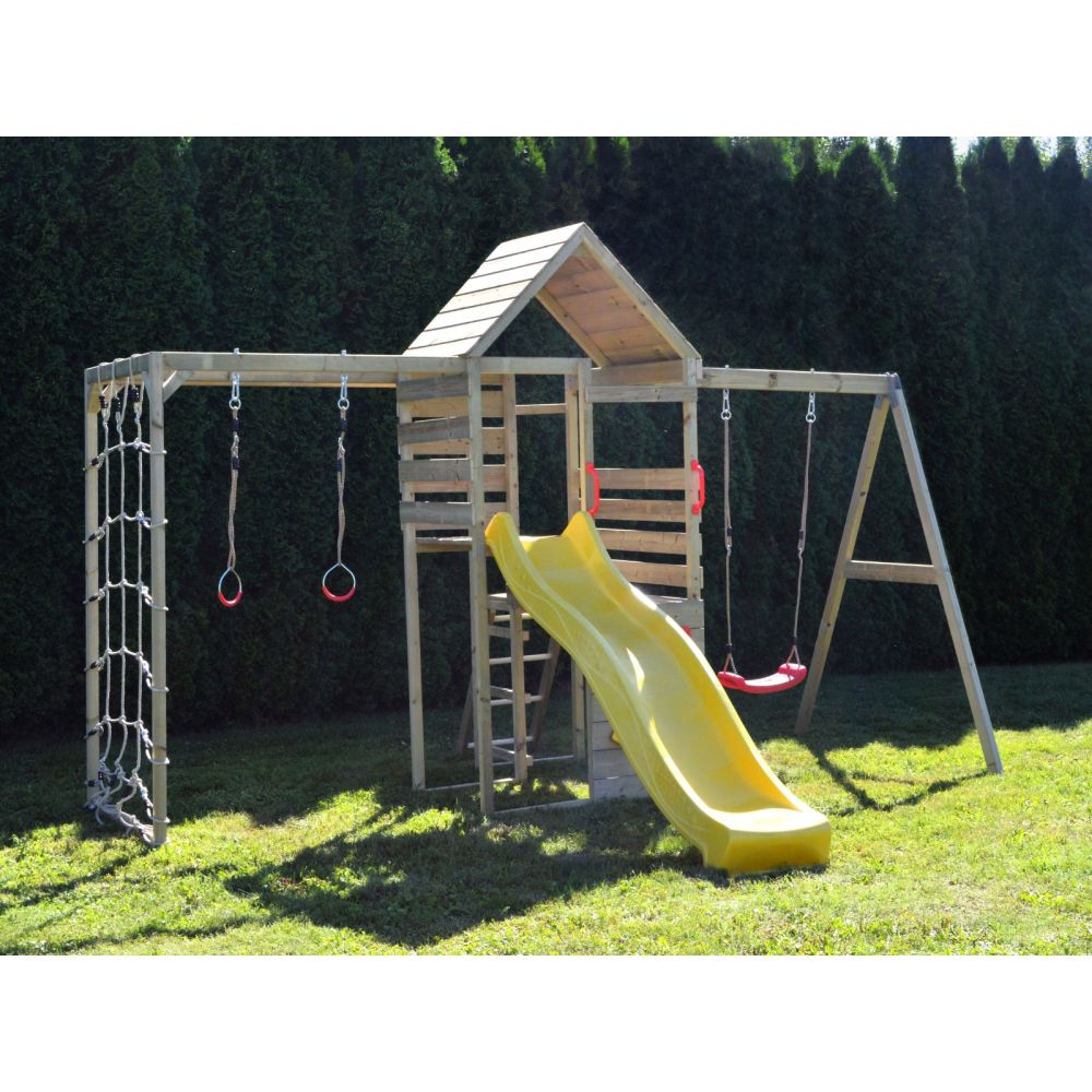 Turn de joaca cu 2 platforme, Wendi Toys, panou de catarare, tobogan, leagan si modul de gimnastica