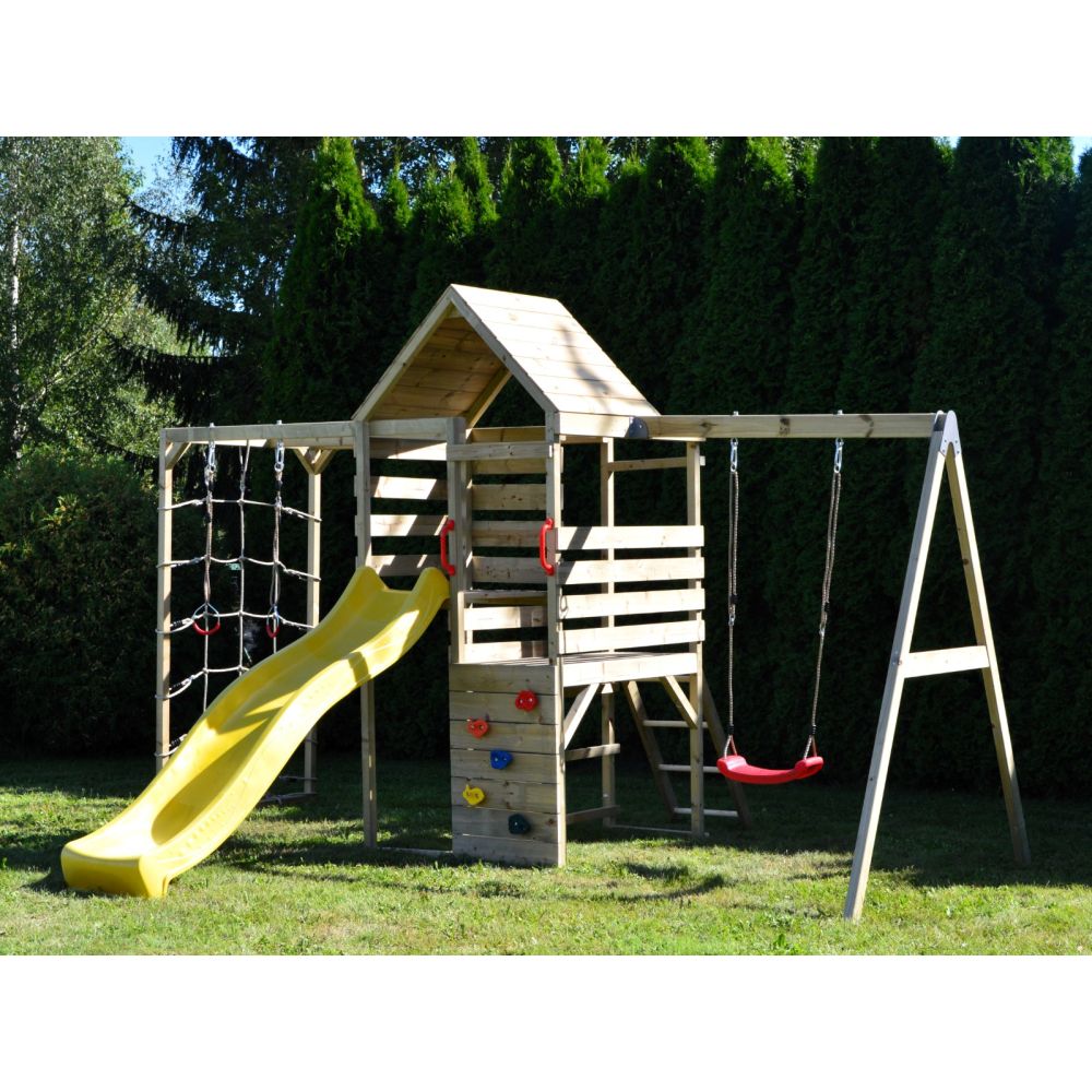 Turn de joaca cu 2 platforme, Wendi Toys, panou de catarare, tobogan, leagan si modul de gimnastica