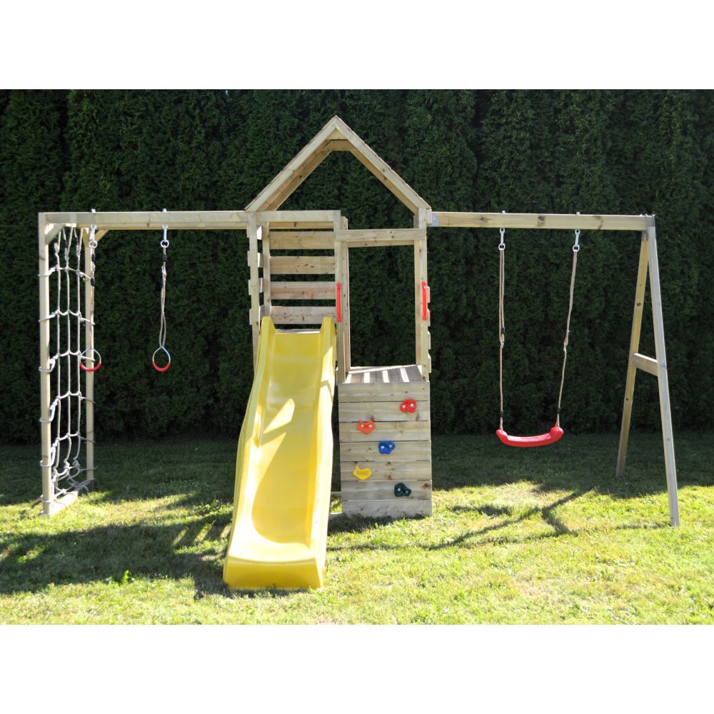 Turn de joaca cu 2 platforme, Wendi Toys, panou de catarare, tobogan, leagan si modul de gimnastica