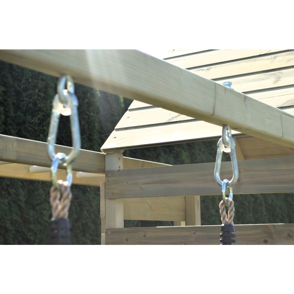 Turn de joaca cu 2 platforme, Wendi Toys, panou de catarare, tobogan, leagan dublu si modul de gimnastica