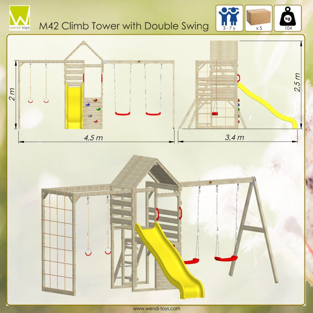 Turn de joaca cu 2 platforme, Wendi Toys, panou de catarare, tobogan, leagan dublu si modul de gimnastica