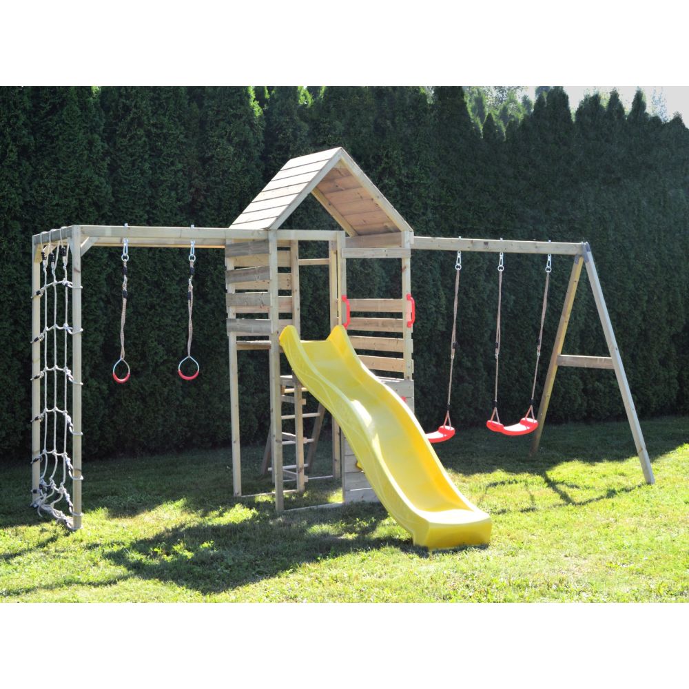 Turn de joaca cu 2 platforme, Wendi Toys, panou de catarare, tobogan, leagan dublu si modul de gimnastica