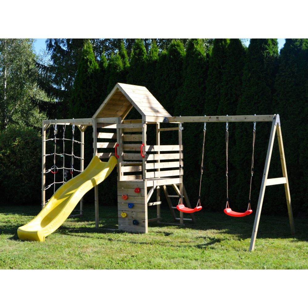 Turn de joaca cu 2 platforme, Wendi Toys, panou de catarare, tobogan, leagan dublu si modul de gimnastica