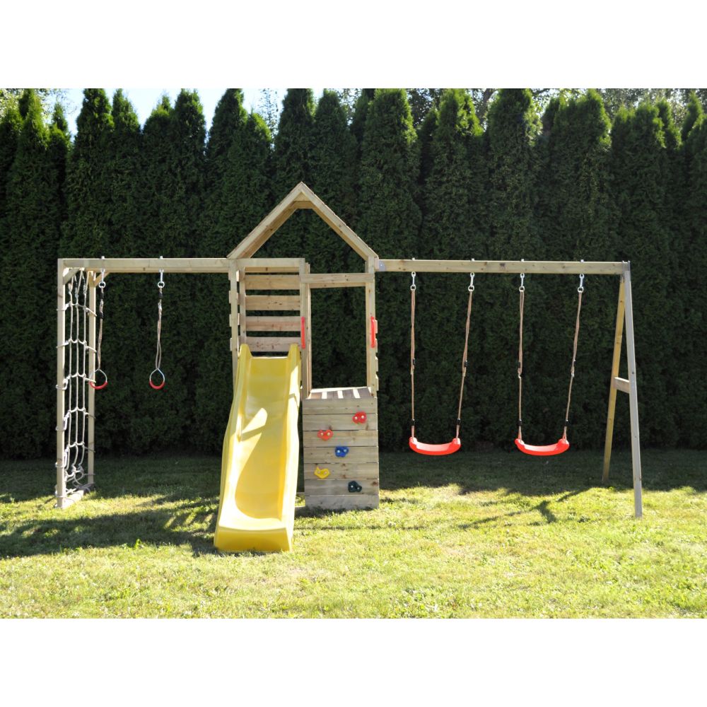 Turn de joaca cu 2 platforme, Wendi Toys, panou de catarare, tobogan, leagan dublu si modul de gimnastica