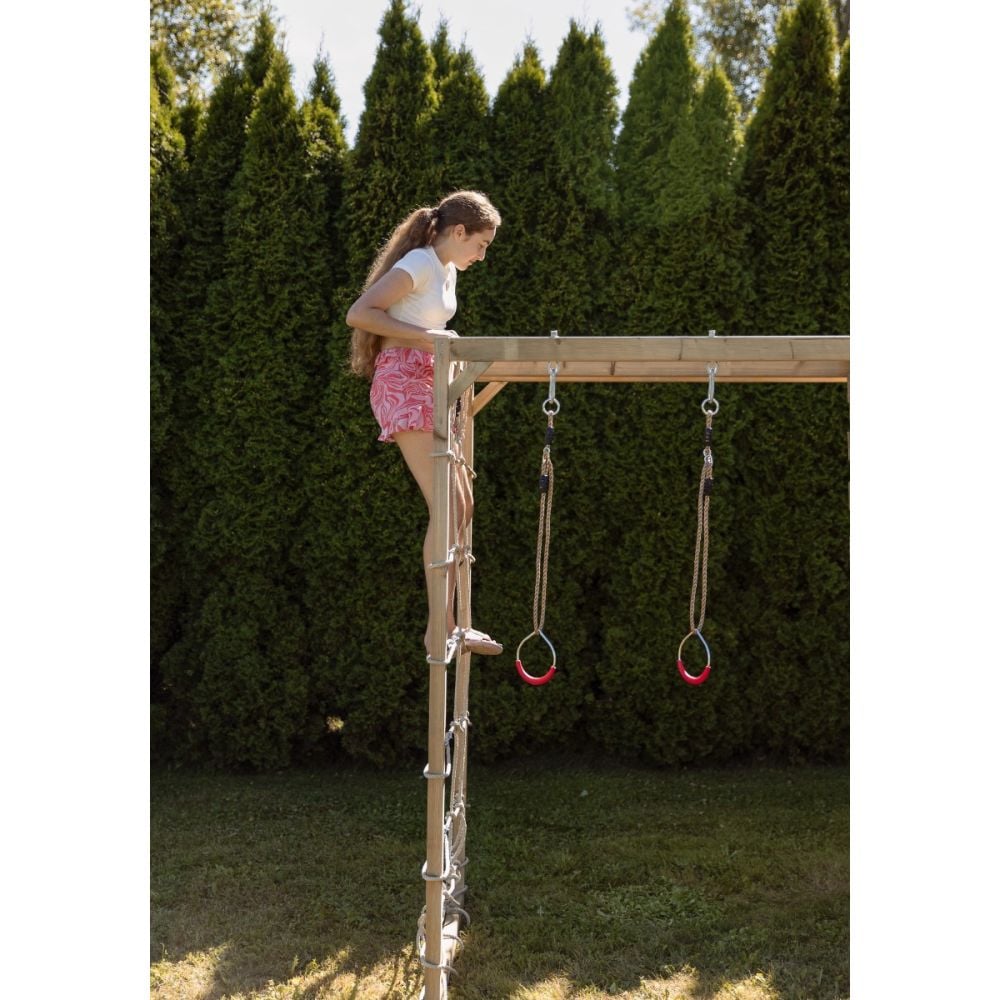Turn de joaca cu 2 platforme, Wendi Toys, panou de catarare, tobogan, leagan dublu si modul de gimnastica