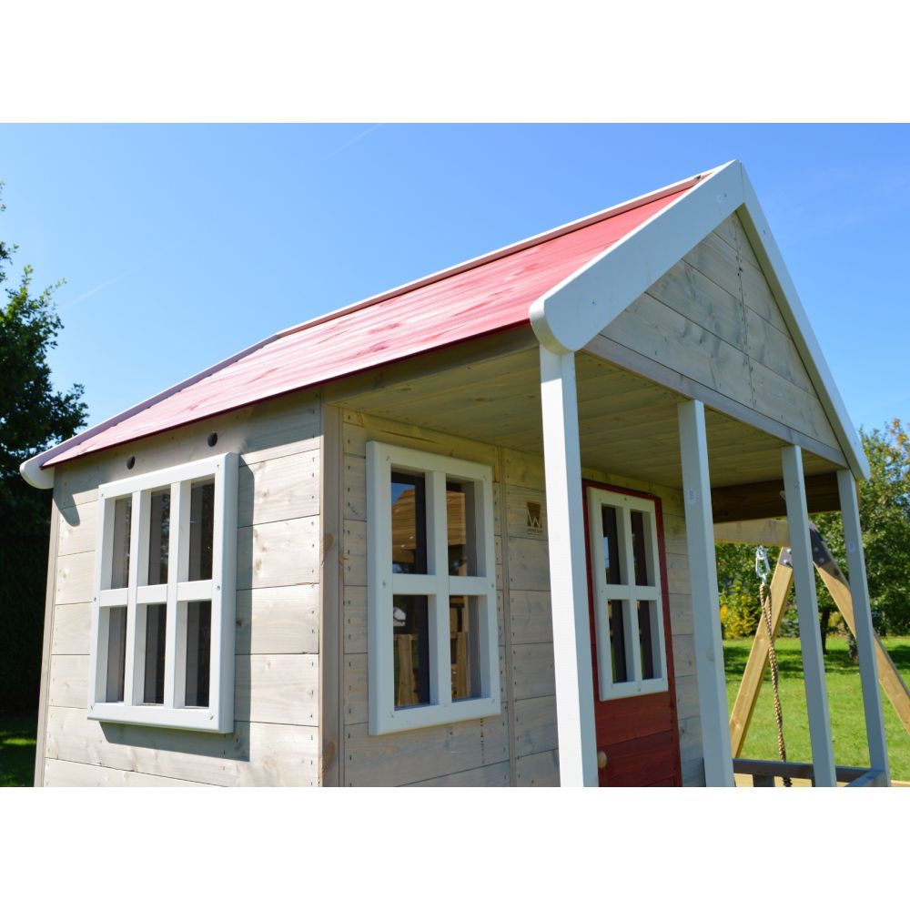 Casuta Wendi Toys Nordic Adventure House, cu loc pentru nisip, tobogan, leagan dublu, modul sport, bucatarie