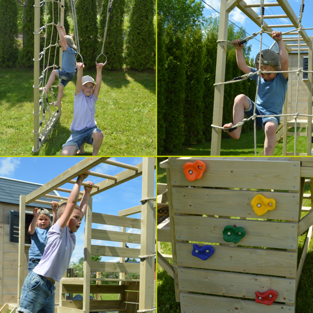 Casuta Wendi Toys Nordic Adventure House, cu loc pentru nisip, tobogan, leagan dublu, modul sport, bucatarie