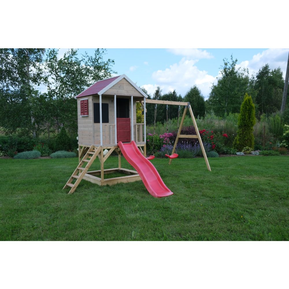 Casuta Wendi Toys Summer Adventure House, cu loc pentru nisip, tobogan, leagan dublu, modul sport, bucatarie