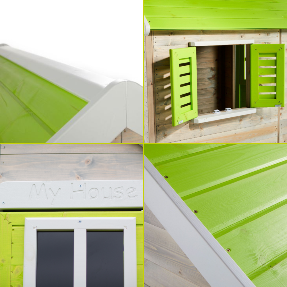 Casuta de gradina, Wendi Toys Lime Lodge, cu tobogan, leagan dublu, modul sport si bucatarie