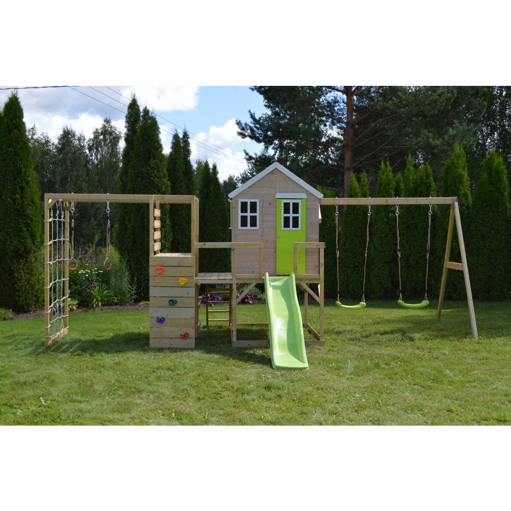 Casuta de gradina, Wendi Toys Lime Lodge, cu tobogan, leagan dublu, modul sport si bucatarie