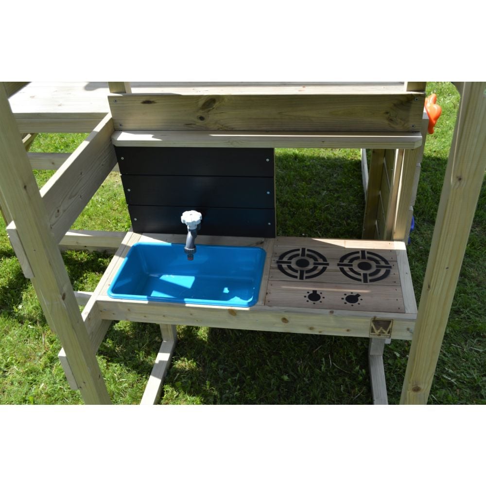 Casuta de gradina, Wendi Toys Lime Lodge, cu tobogan, leagan dublu, modul sport si bucatarie