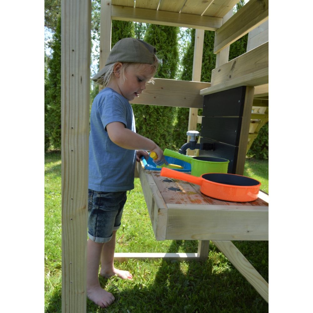 Casuta de gradina, Wendi Toys Grey Lodge, cu tobogan, leagan dublu, modul sport si bucatarie