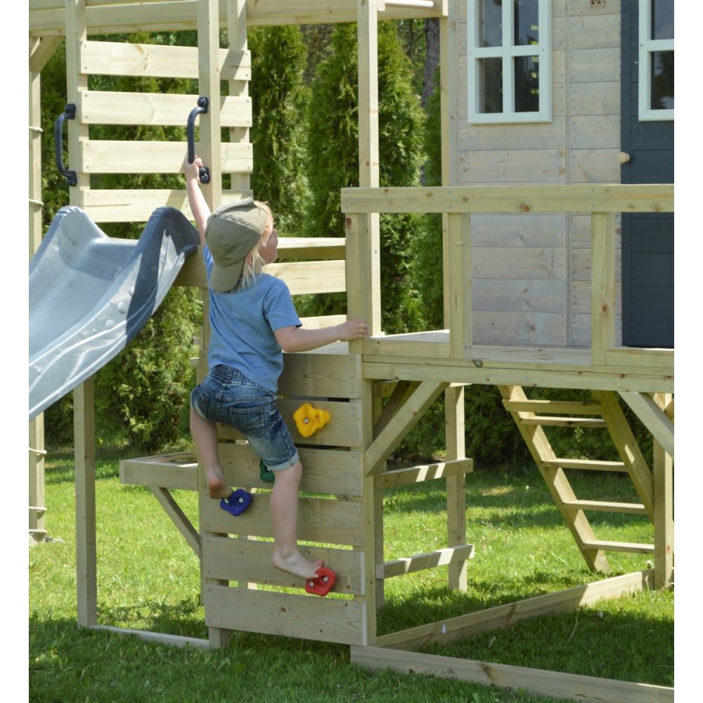 Casuta de gradina, Wendi Toys Grey Lodge, cu tobogan, leagan dublu, modul sport si bucatarie