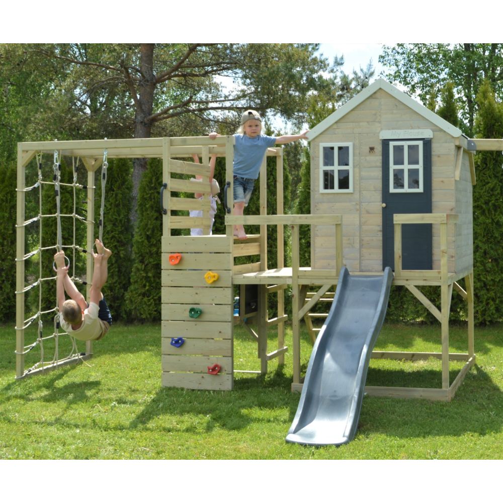 Casuta de gradina, Wendi Toys Grey Lodge, cu tobogan, leagan dublu, modul sport si bucatarie