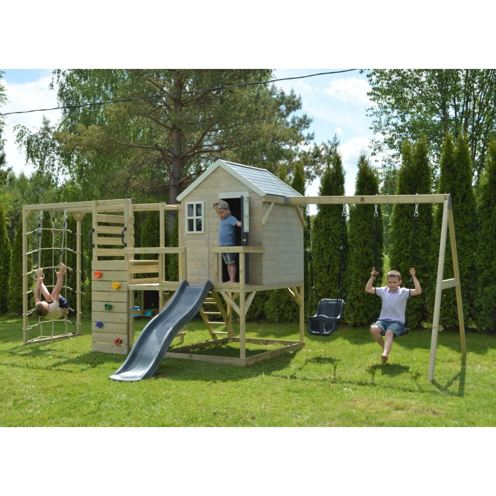 Casuta de gradina, Wendi Toys Grey Lodge, cu tobogan, leagan dublu, modul sport si bucatarie