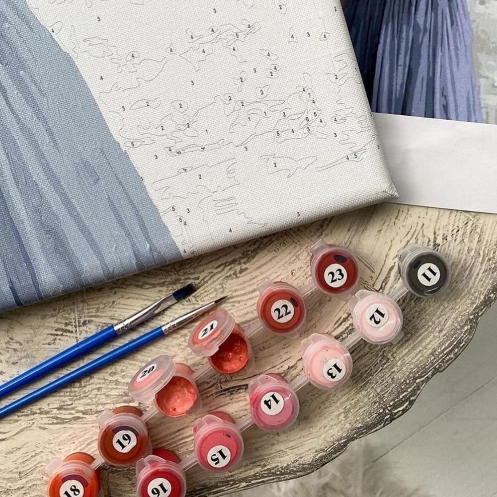 Set Acuarello, Pictura pe numere, Vedere de la munte, cu rama din lemn, pensule si culori acrilice