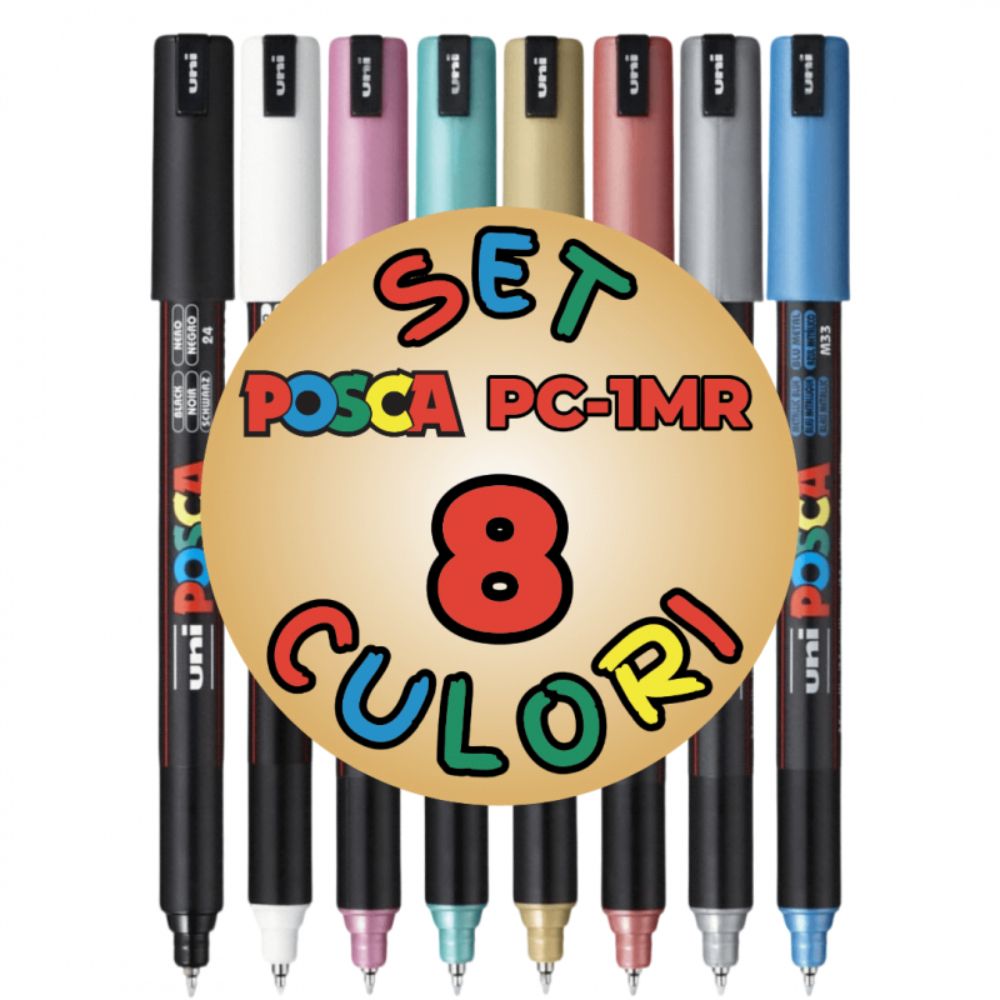 Set markere Posca, UNI PC-1MR, 0.7 MM, Varf Fin Metalic, 8 culori metalizate