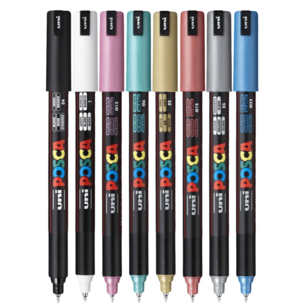 Set markere Posca, UNI PC-1MR, 0.7 MM, Varf Fin Metalic, 8 culori metalizate